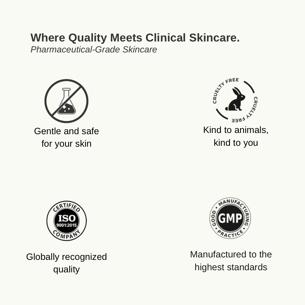 Logos and icons representing quality and safety standards in skincare on a white background.