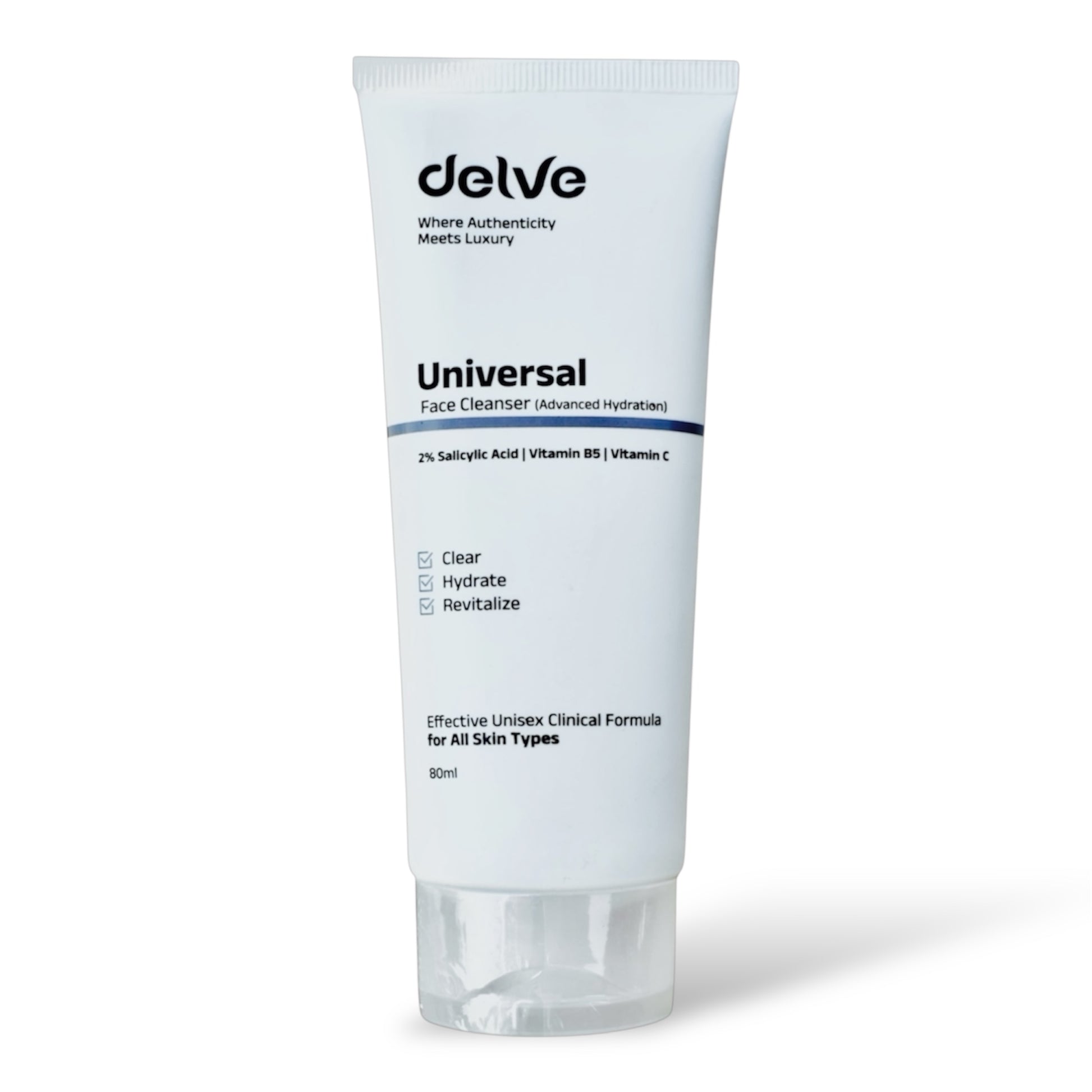Tube of Delve Universal Face Cleanser on a white background