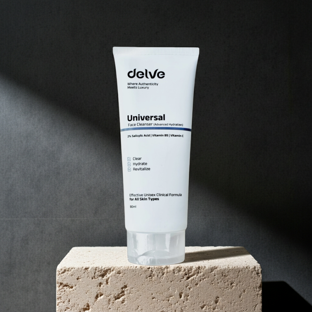Tube of Delve Face 2% Salicylic acid Cleanser on a stone block with a dark background
